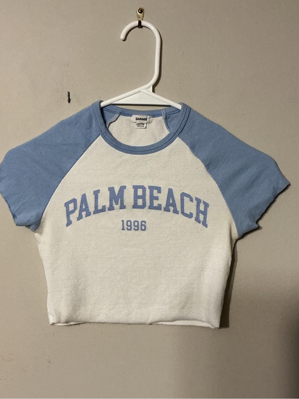 Garage White Crop Tee with Light Blue Raglan Sleeves